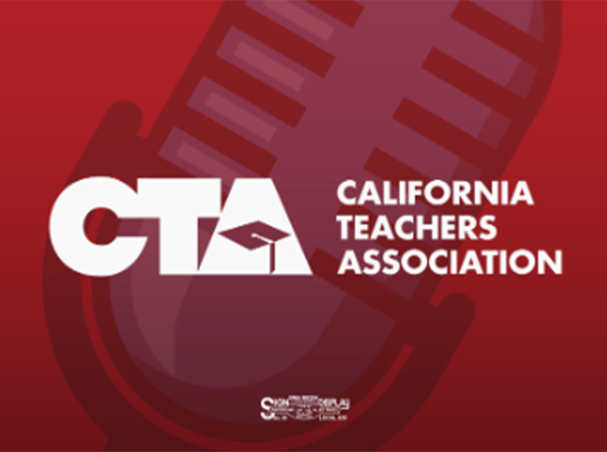 Image displaying a large microphone and the following text dispayed in the foreground: CTA California Teachers Association.